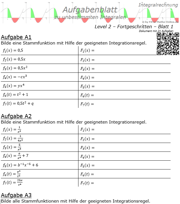 Integral und Stammfunktion Basisaufgaben Aufgabenblatt Level 2 / Blatt 1 / © by Fit-in-Mathe-Online.de