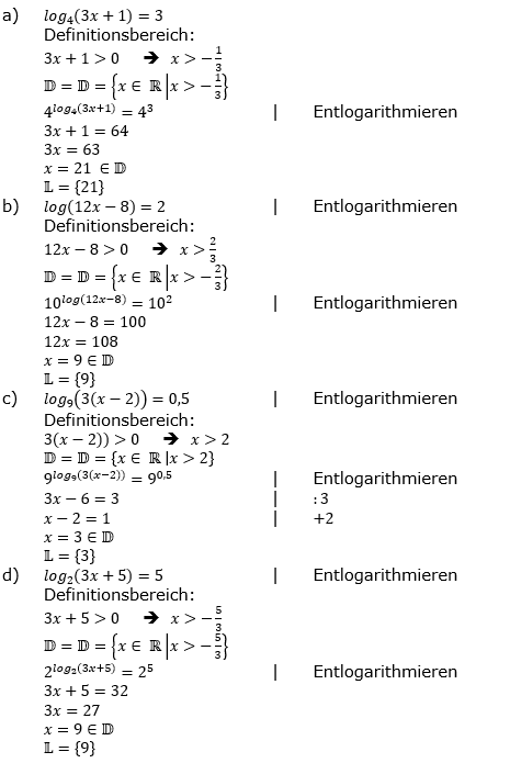 Lösung zu logarithmischen Gleichungen Grundlagen Aufgabenblatt 1 a-d)/© by www.fit-in-mathe-online.de