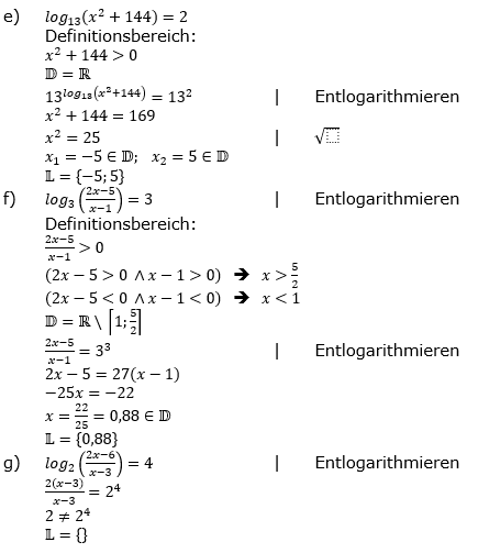 Lösung zu logarithmischen Gleichungen Grundlagen Aufgabenblatt 1 e-h)/© by www.fit-in-mathe-online.de