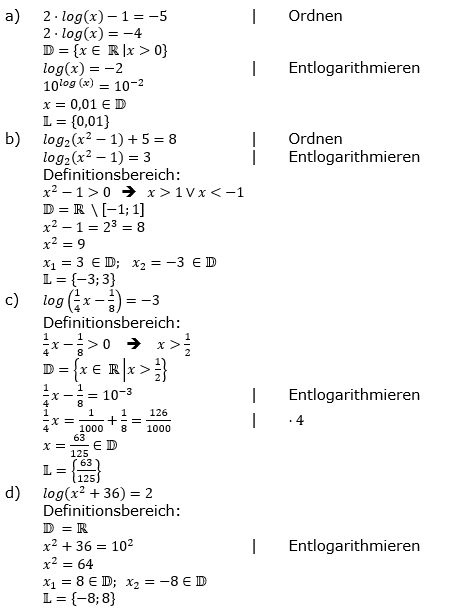 Lösung zu logarithmischen Gleichungen Grundlagen Aufgabe 2 Aufgabenblatt 1 a-d)/© by www.fit-in-mathe-online.de