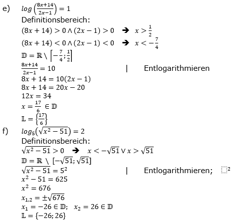 Lösung zu logarithmischen Gleichungen Grundlagen Aufgabe 2 Aufgabenblatt 1 e-g)/© by www.fit-in-mathe-online.de