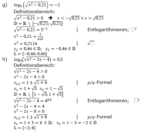 Lösung zu logarithmischen Gleichungen Grundlagen Aufgabe 2 Aufgabenblatt 1 e-g)/© by www.fit-in-mathe-online.de
