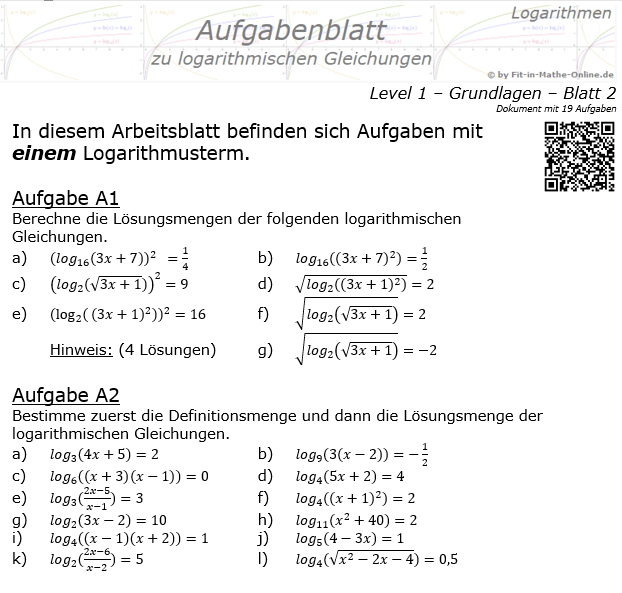 Logarithmische Gleichungen Aufgabenblatt 02 / © by Fit-in-Mathe-Online.de