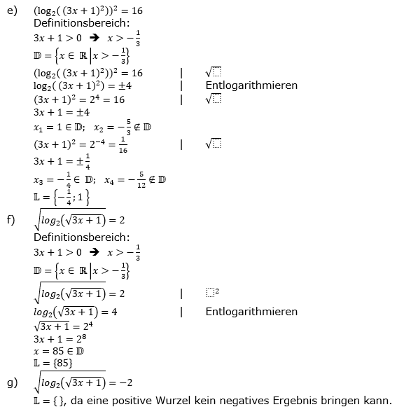 Lösung zu logarithmischen Gleichungen Grundlagen Aufgabe 1 Aufgabenblatt 2 e-g)/© by www.fit-in-mathe-online.de