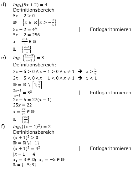 Lösung zu logarithmischen Gleichungen Grundlagen Aufgabe 2 Aufgabenblatt 2 d-f)/© by www.fit-in-mathe-online.de