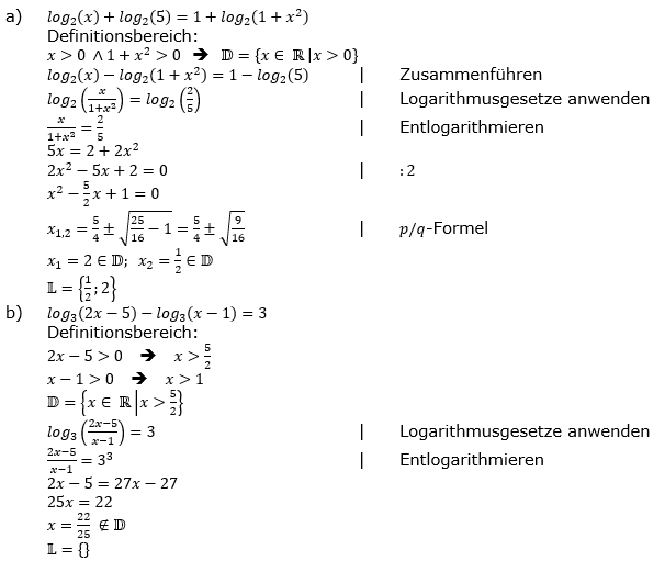 Lösung zu logarithmischen Gleichungen Fortgeschritten Aufgabenblatt 1 a-b)/© by www.fit-in-mathe-online.de