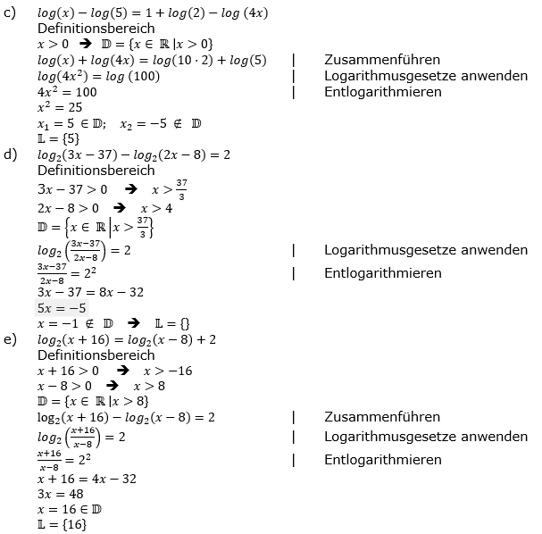 Lösung zu logarithmischen Gleichungen Fortgeschritten Aufgabenblatt 1 c-e)/© by www.fit-in-mathe-online.de