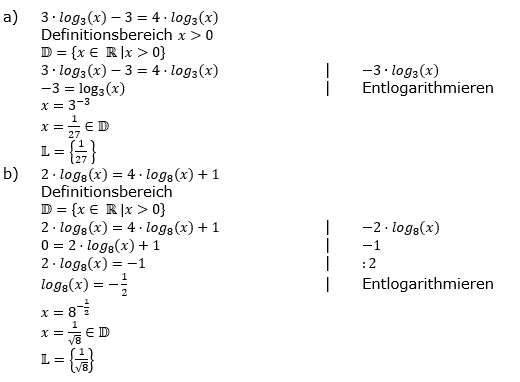 Lösung zu logarithmischen Gleichungen Fortgeschritten Aufgabenblatt 1 Aufgabe 2 a-b)/© by www.fit-in-mathe-online.de