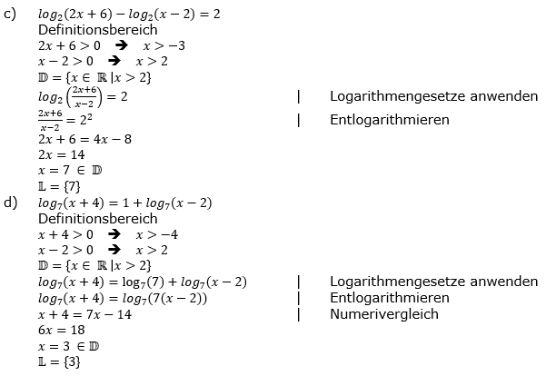 Lösung zu logarithmischen Gleichungen Fortgeschritten Aufgabenblatt 1 Aufgabe 2 c-d)/© by www.fit-in-mathe-online.de