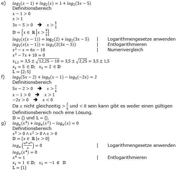 Lösung zu logarithmischen Gleichungen Fortgeschritten Aufgabenblatt 1 Aufgabe 2 e-g)/© by www.fit-in-mathe-online.de