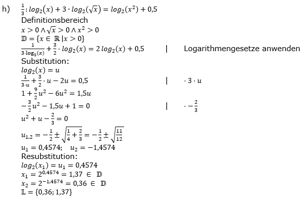 Lösung zu logarithmischen Gleichungen Fortgeschritten Aufgabenblatt 1 Aufgabe 2 h)/© by www.fit-in-mathe-online.de