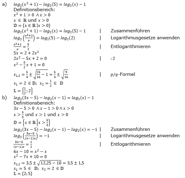 Lösung zu logarithmischen Gleichungen Fortgeschritten Aufgabenblatt 2 a-b)/© by www.fit-in-mathe-online.de