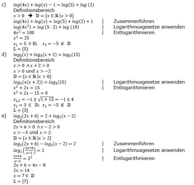 Lösung zu logarithmischen Gleichungen Fortgeschritten Aufgabenblatt 2 c-e)/© by www.fit-in-mathe-online.de