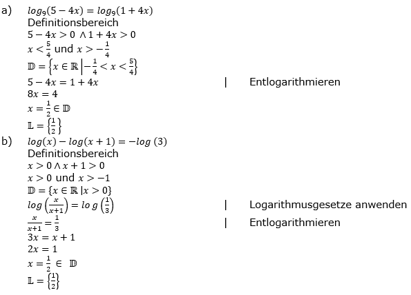Lösung zu logarithmischen Gleichungen Fortgeschritten Aufgabenblatt 2 Aufgabe 2 a-b)/© by www.fit-in-mathe-online.de