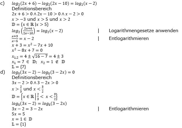 Lösung zu logarithmischen Gleichungen Fortgeschritten Aufgabenblatt 2 Aufgabe 2 c-d)/© by www.fit-in-mathe-online.de