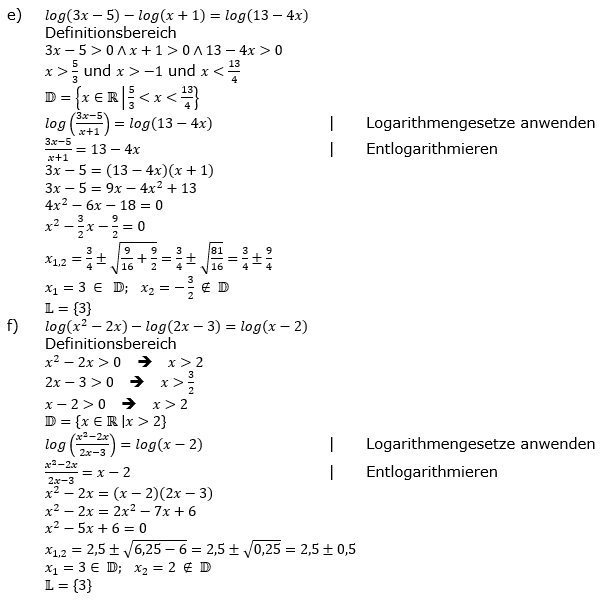 Lösung zu logarithmischen Gleichungen Fortgeschritten Aufgabenblatt 2 Aufgabe 2 e-f)/© by www.fit-in-mathe-online.de