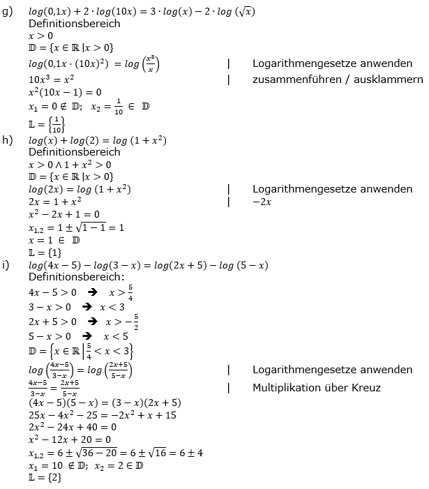 Lösung zu logarithmischen Gleichungen Fortgeschritten Aufgabenblatt 2 Aufgabe 2 g-i)/© by www.fit-in-mathe-online.de
