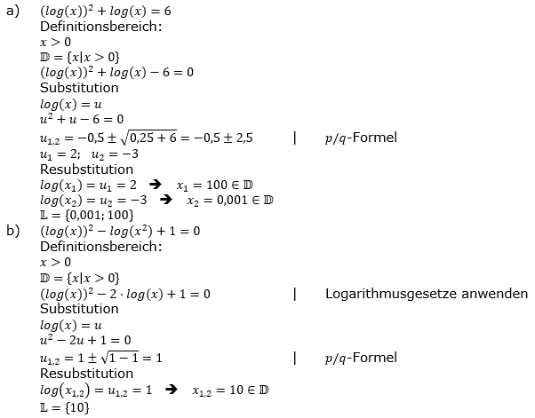 Lösung zu logarithmischen Gleichungen Expert Aufgabenblatt 1 a-b)/© by www.fit-in-mathe-online.de