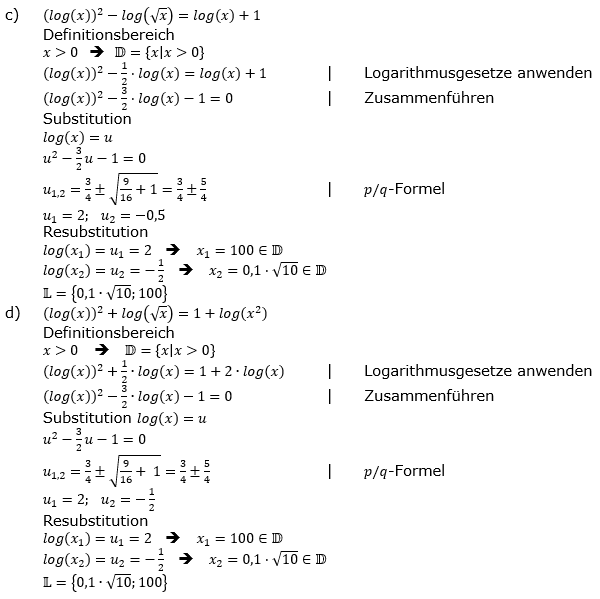 Lösung zu logarithmischen Gleichungen Expert Aufgabenblatt 1 c-d)/© by www.fit-in-mathe-online.de