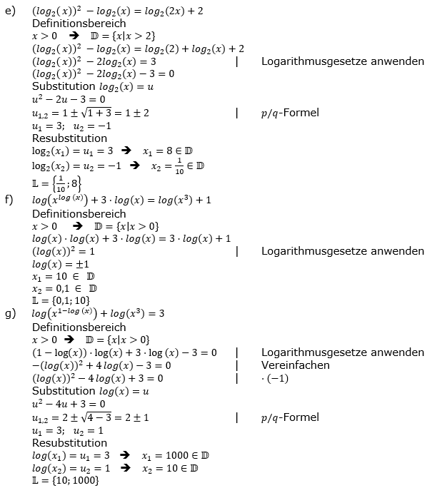 Lösung zu logarithmischen Gleichungen Expert Aufgabenblatt 1 e-g)/© by www.fit-in-mathe-online.de