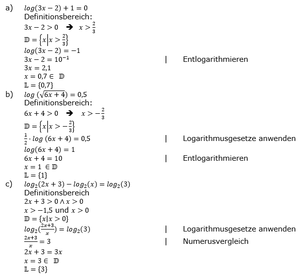 Lösung zu logarithmischen Gleichungen Expert Aufgabenblatt 2 a-c)/© by www.fit-in-mathe-online.de