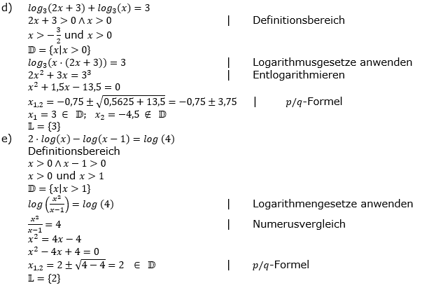 Lösung zu logarithmischen Gleichungen Expert Aufgabenblatt 2 d-e)/© by www.fit-in-mathe-online.de