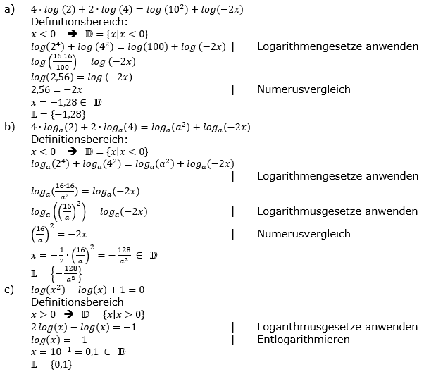 Lösung zu logarithmischen Gleichungen Expert Aufgabenblatt 3 a-c)/© by www.fit-in-mathe-online.de