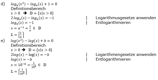 Lösung zu logarithmischen Gleichungen Expert Aufgabenblatt 3 d-e)/© by www.fit-in-mathe-online.de