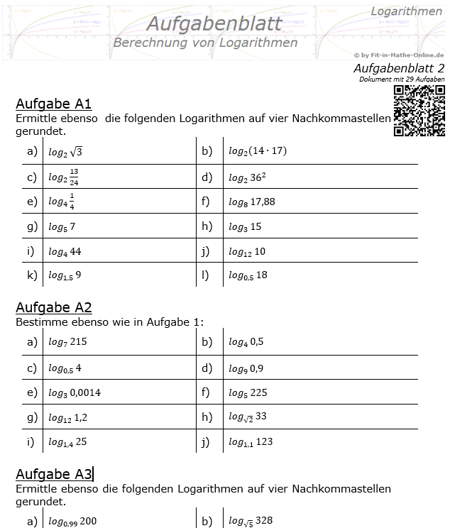 Berechnung von Logarithmen Aufgabenblatt 02 / © by Fit-in-Mathe-Online.de