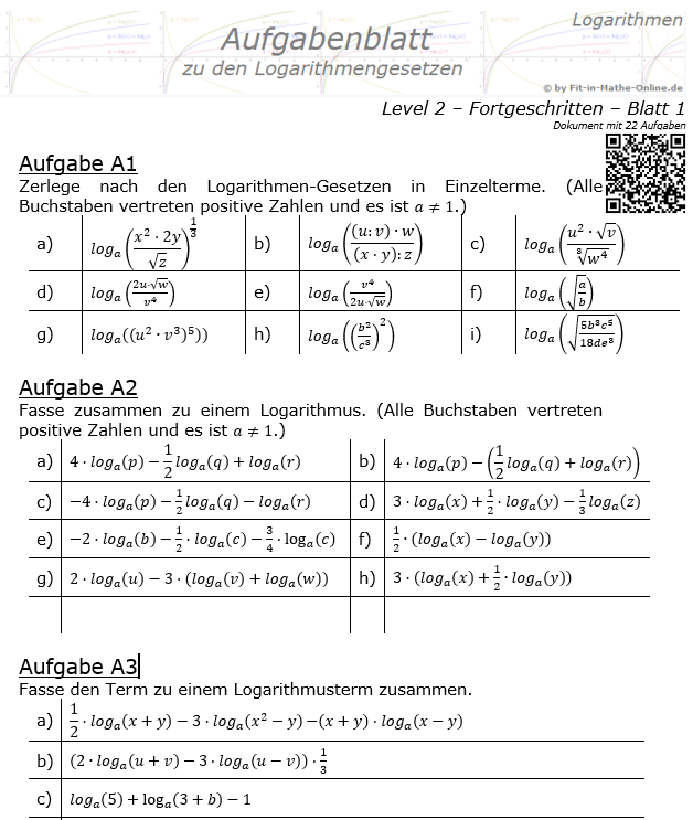 Logarithmengesetze Aufgabenblatt 01 Fortgeschritten 2/1 / © by Fit-in-Mathe-Online.de