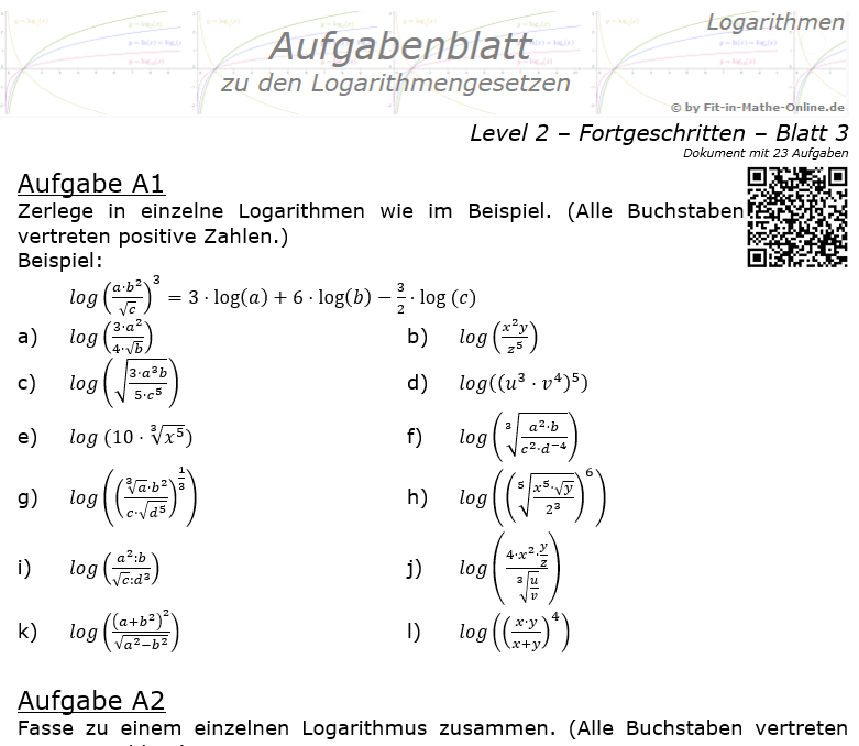 Logarithmengesetze Aufgabenblatt 02 Fortgeschritten 2/3 / © by Fit-in-Mathe-Online.de