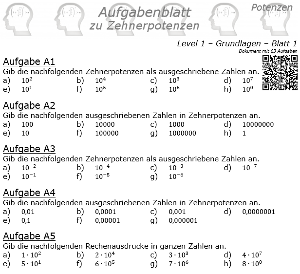 Zehnerpotenzen Aufgabenblatt Level 1 / Blatt 1 © by www.fit-in-mathe-online
