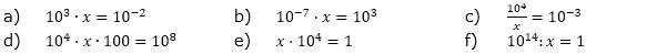 Für welche Zahl steht 'x' ? (Aufgabensatz 4 Blatt 2 der Grundlagen zu Zehnerpotenzen/© by www.fit-in-mathe-online.de).