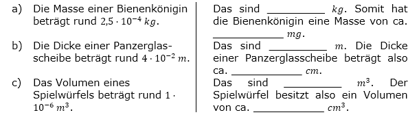 Schreibe ohne Zehnerpotenz und rechne anschließend in die angegeben Einheit um. (Aufgabensatz 3 Blatt 1/Fortgeschritten zu Zehnerpotenzen/© by www.fit-in-mathe-online.de).
