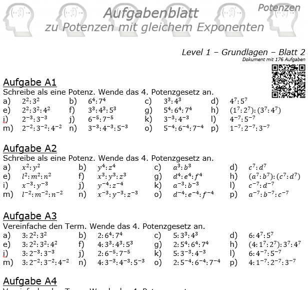 Potenzen mit gleichem Exponenten Aufgabenblatt Level 1 / Blatt 2 © by www.fit-in-mathe-online