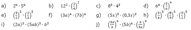 Wandle unter Anwendung des 4.Potenzgesetzes in eine einzige Potenz um. (Aufgabensatz 2 Blatt 2/1 Fortgeschritten zu Potenzen mit gleichem Exponenten/© by www.fit-in-mathe-online.de)
