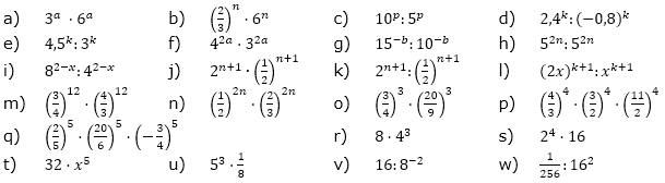 Vereinfache. (Aufgabensatz 7 Blatt 2/1 Fortgeschritten zu Potenzen mit gleichem Exponenten/© by www.fit-in-mathe-online.de)
