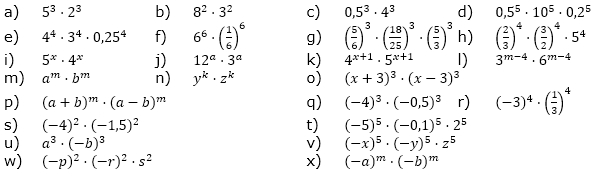 Vereinfache und berechne. (Aufgabensatz 8 Blatt 2/1 Fortgeschritten zu Potenzen mit gleichem Exponenten/© by www.fit-in-mathe-online.de)