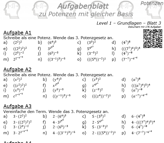 Potenzen mit gleicher Basis Aufgabenblatt Level 1 / Blatt 3 © by www.fit-in-mathe-online