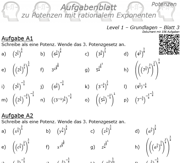 Potenzen mit ratonalem Exponenten Aufgabenblatt Level 1 / Blatt 3 © by www.fit-in-mathe-online