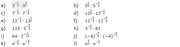Multipliziere und schreibe das Ergebnis, falls möglich, mit positivem Exponenten. (Aufgabensatz 4 Blatt 2/4 Fortgeschritten zu Potenzen mit rationalem Exponenten/© by www.fit-in-mathe-online.de)