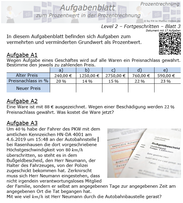 Prozentwert in der Prozentrechnung Aufgabenblatt 2/3 / © by Fit-in-Mathe-Online.de