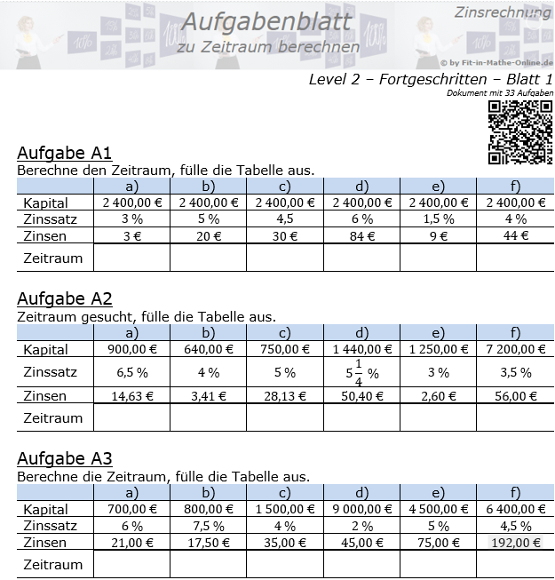 Zeitraum berechnen in der Zinsrechnung Aufgabenblatt 2/1 / © by Fit-in-Mathe-Online.de
