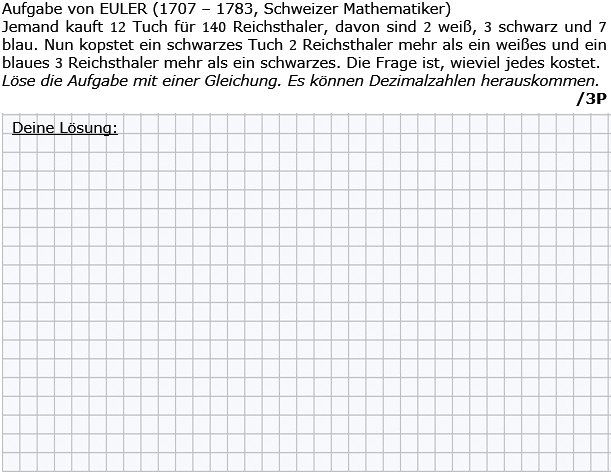 Aufgaben von Leonhard Euler (1707 - 1783, Schweizer Mathematiker). (Grafik g8k11/W17A0201 im Aufgabensatz 2 Wochenblatt 17 Kursstufe 1 Prüfungsvorbereitung Abitur/© by www.fit-in-mathe-online.de)