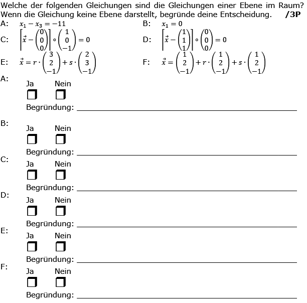 Welche der folgenden Gleichungen sind die Gleichung einer Ebene im Raum? (Grafik g8k12/W01A0401 im Aufgabensatz 4 Wochenblatt 01 Kursstufe 2 Prüfungsvorbereitung Abitur) /© by www.fit-in-mathe-online.de)