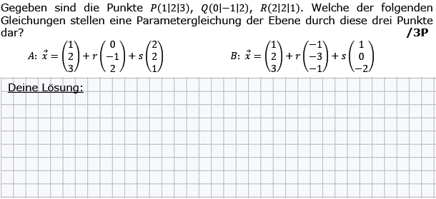 Gegeben sind die Punkte P(1|2|3), Q(0|-1|2), R(2|2|1). (Grafik g8k12/W05A0401 im Aufgabensatz 4 Wochenblatt 05 Kursstufe 2 Prüfungsvorbereitung Abitur) /© by www.fit-in-mathe-online.de)