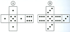 Die beiden Netze zeigen die Augenzahlen zweier besonderer Spielwürfel. Beide Würfel werden gleichzeitig geworfen. Wie groß ist die Wahrscheinlichkeit, mindestens eine „Sechs“ zu werfen? (Grafik A130401 im Aufgabensatz 4 Blatt 1/3 Grundlagen zur Stochastik Erwartungswert /© by www.fit-in-mathe-online.de)
