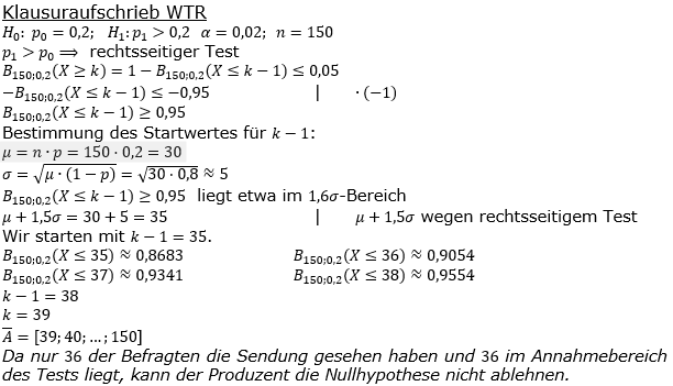 Stochastik Signifikanztest Lösungen zum Aufgabensatz 1 Blatt 3/1 Expert Bild 2 (Graphik A3101L02)/© by www.fit-in-mathe-online.de