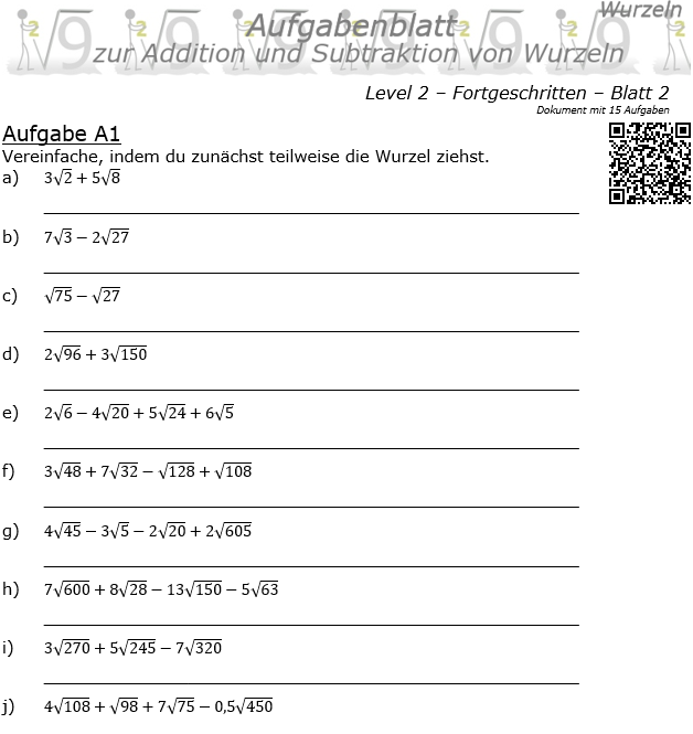 Wurzel Addition und Subtraktion Aufgabenblatt 02 Fortgeschritten 2/2 / © by Fit-in-Mathe-Online.de