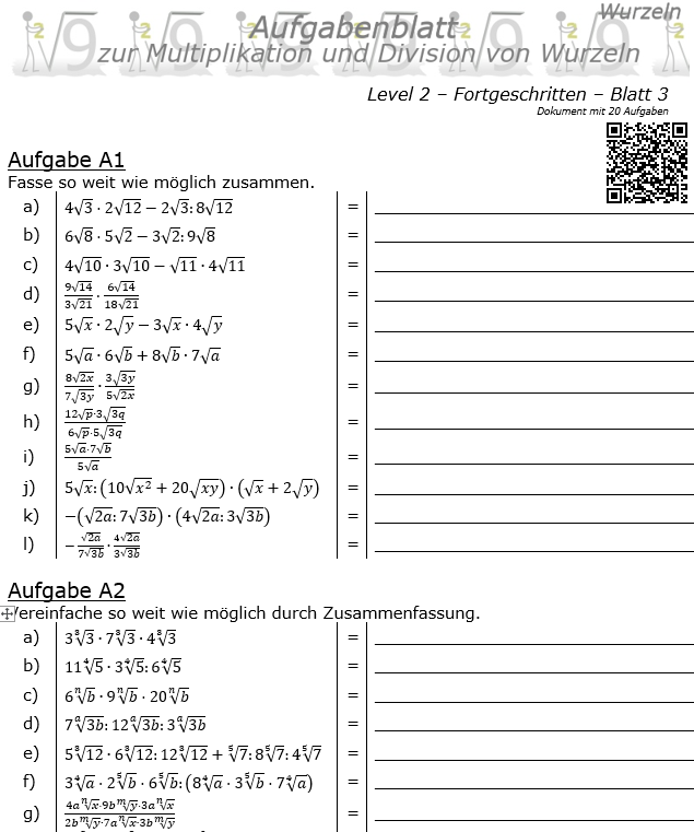 Wurzel Multiplikation und Division Aufgabenblatt 03 Fortgeschritten 2/3 / © by Fit-in-Mathe-Online.de